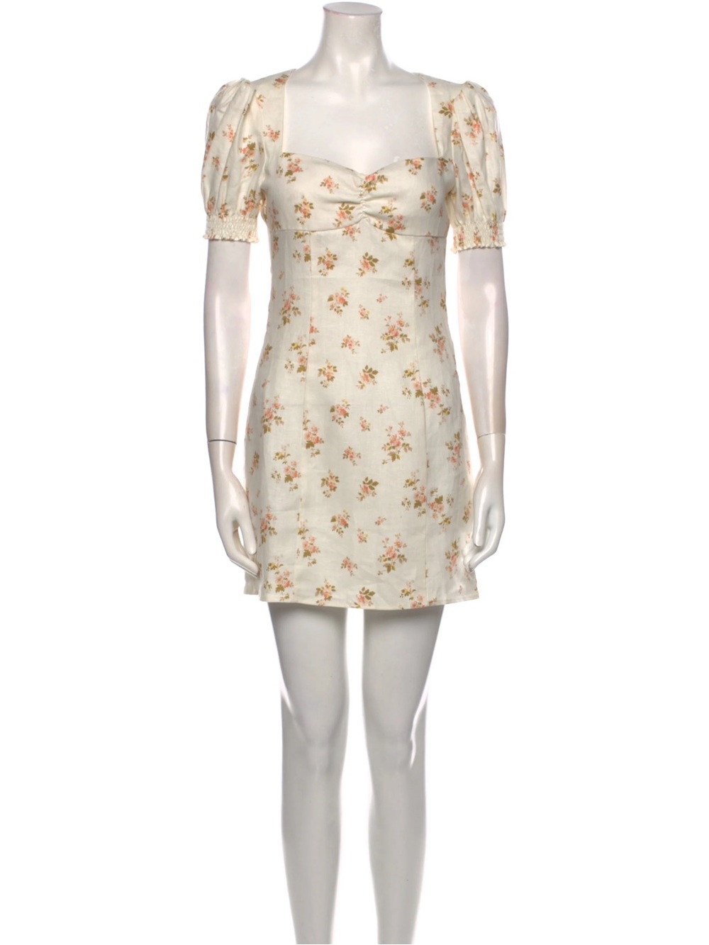 Reformation Gina Cream Floral Square-Neck Puff Sleeve Linen Mini Dress BWT - Picture 11 of 16